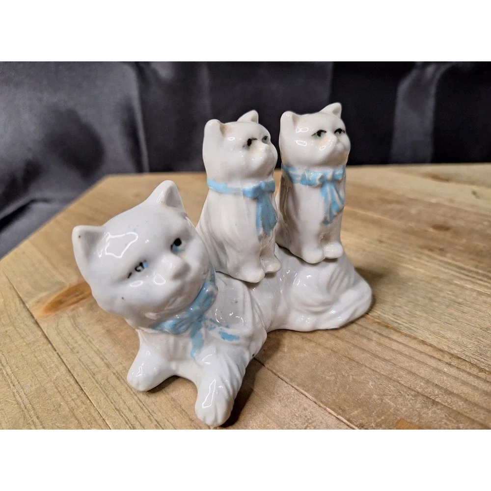 Vintage White Ceramic Cat Family Salt and Pepper Shaker Set Blue Bows 3 Piece
